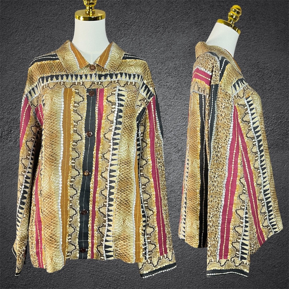IOS XL Linen Snake Print Button Down Shirt Top Blouse
